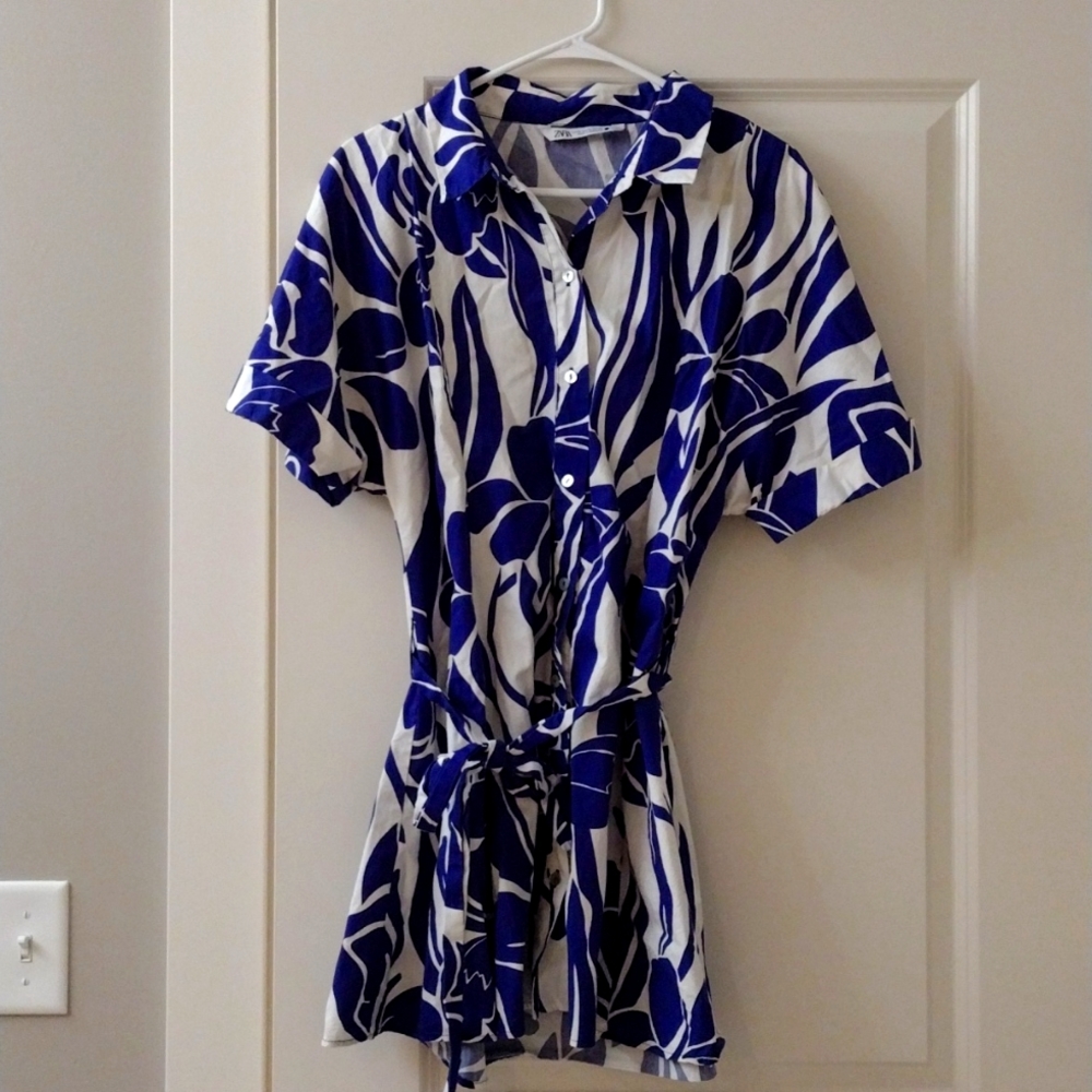 Zara Blue & White Tropical Flower Dress